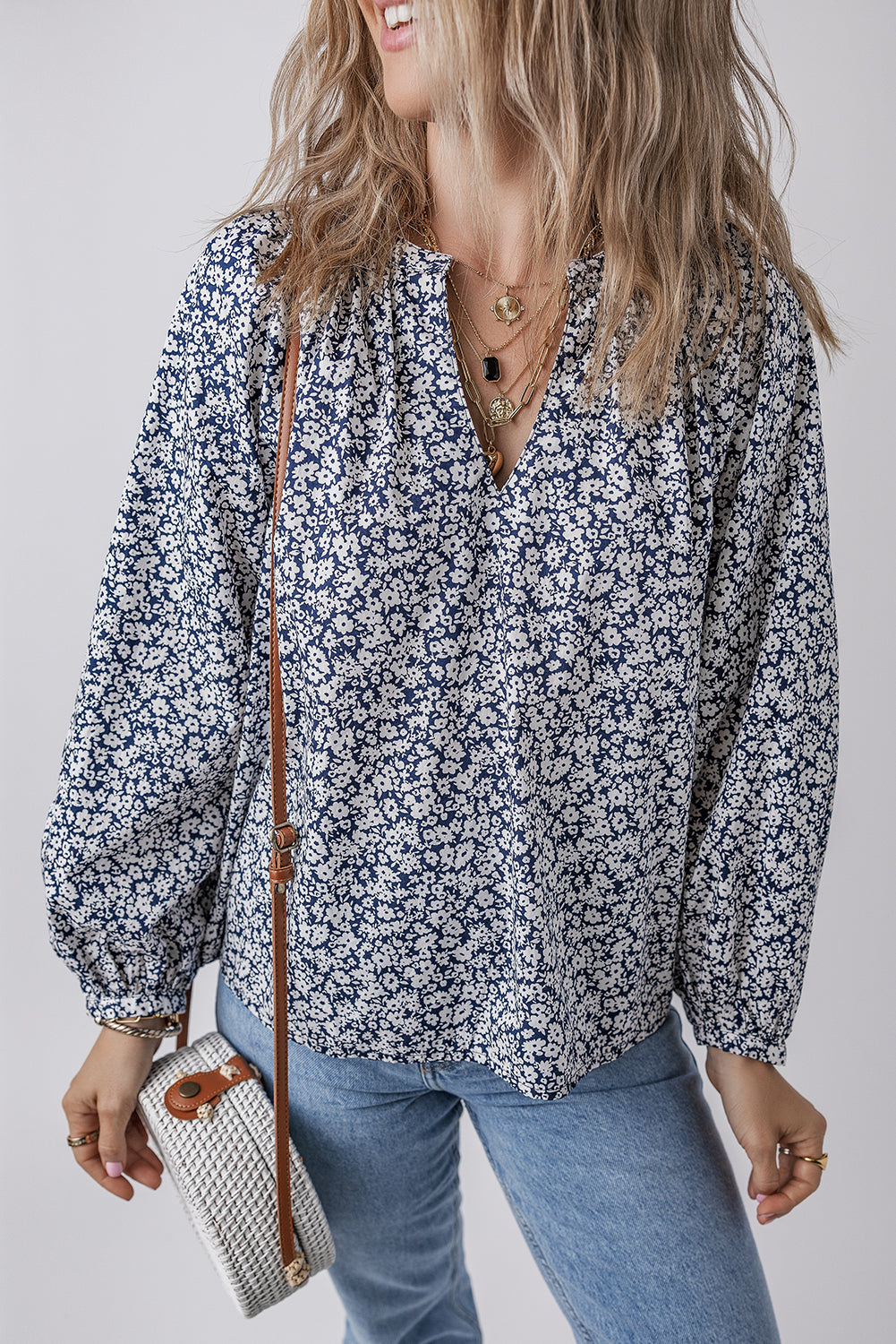 Blue Floral Puff-Sleeve Blouse