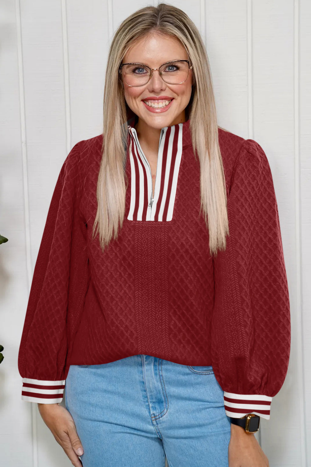 Racing Red Zip-Neck Patchwork Sweatshirt