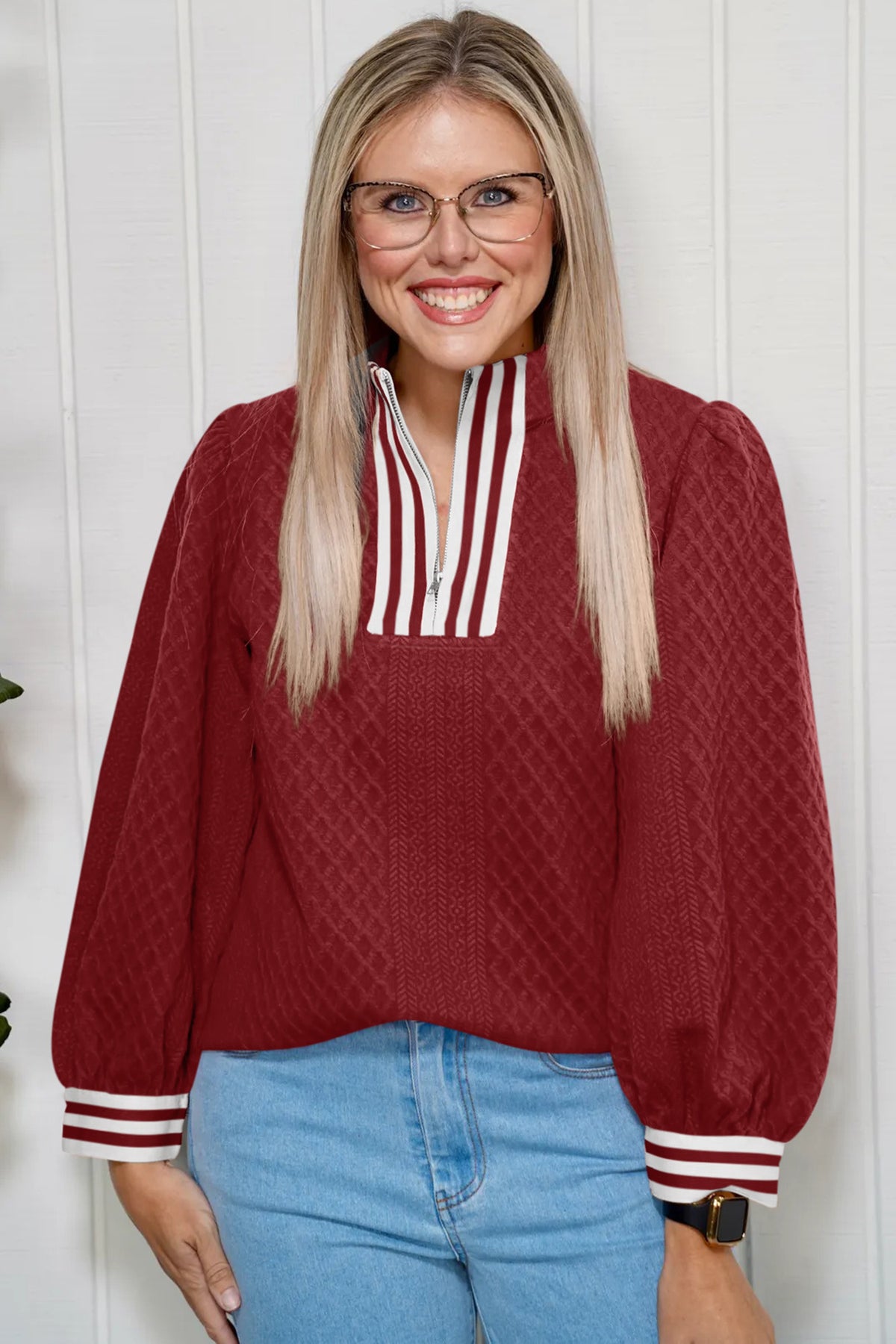 Racing Red Zip-Neck Patchwork Sweatshirt