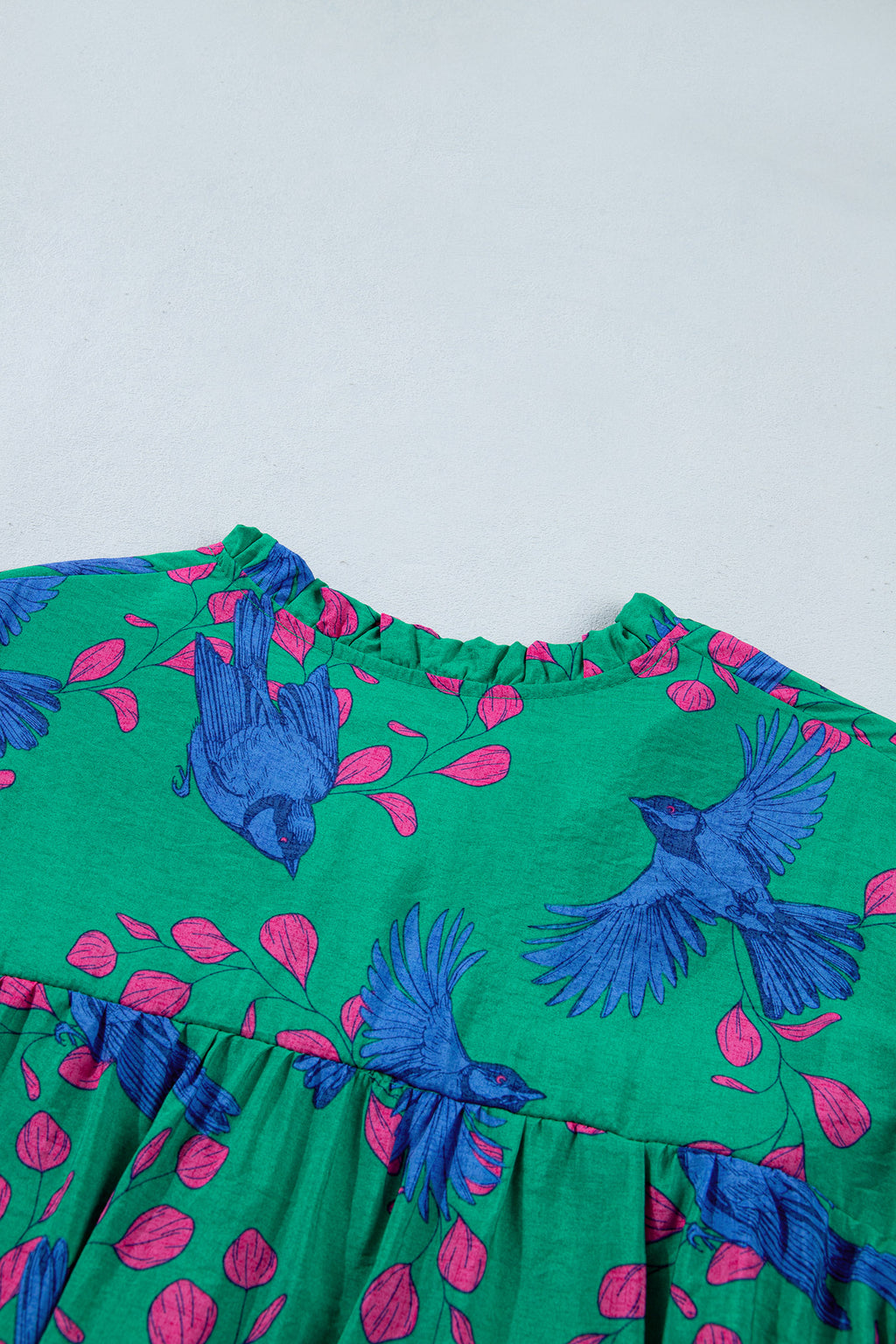 Green Abstract V-Neck Flounced Puff Sleeve Blouse