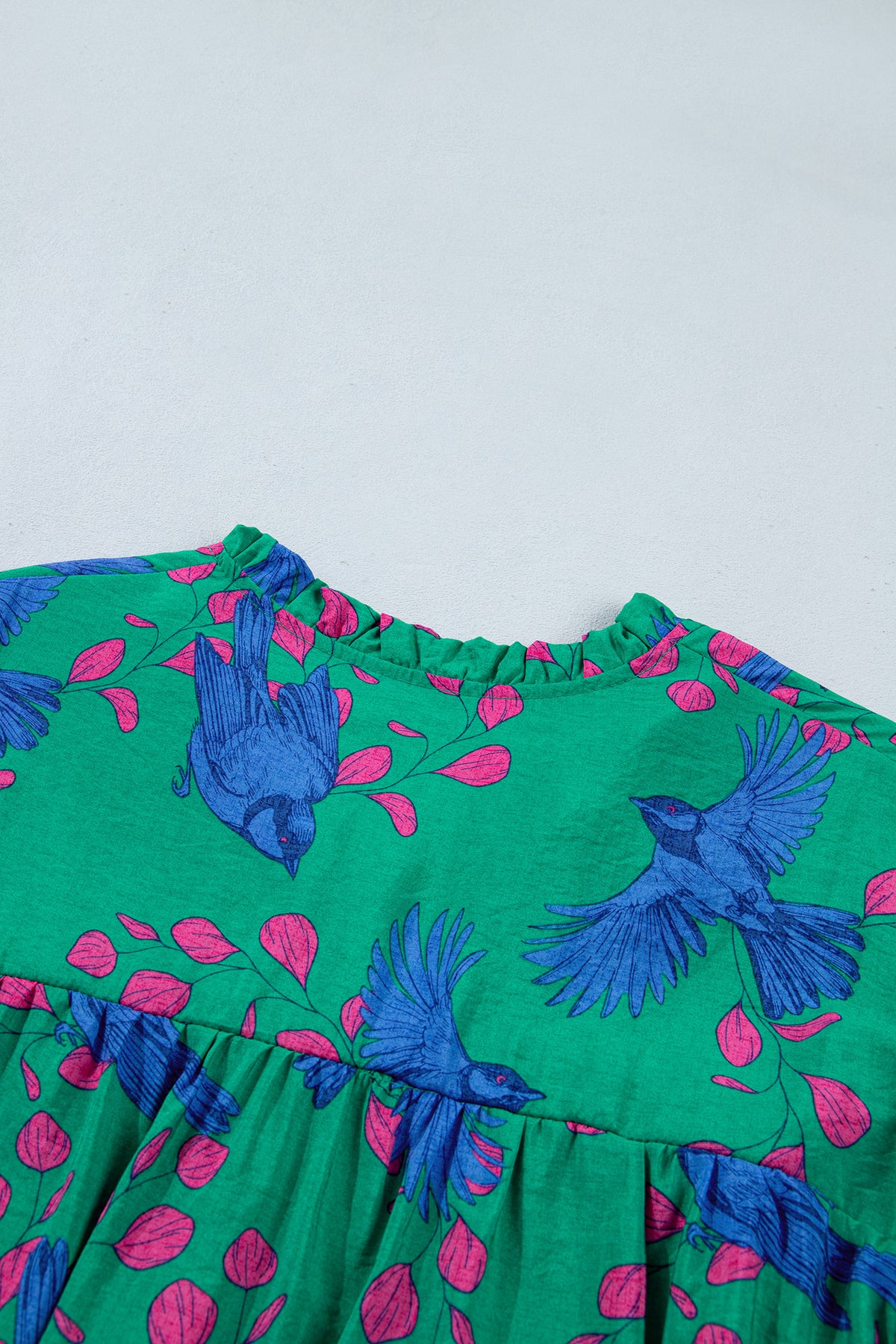 Green Abstract V-Neck Flounced Puff Sleeve Blouse