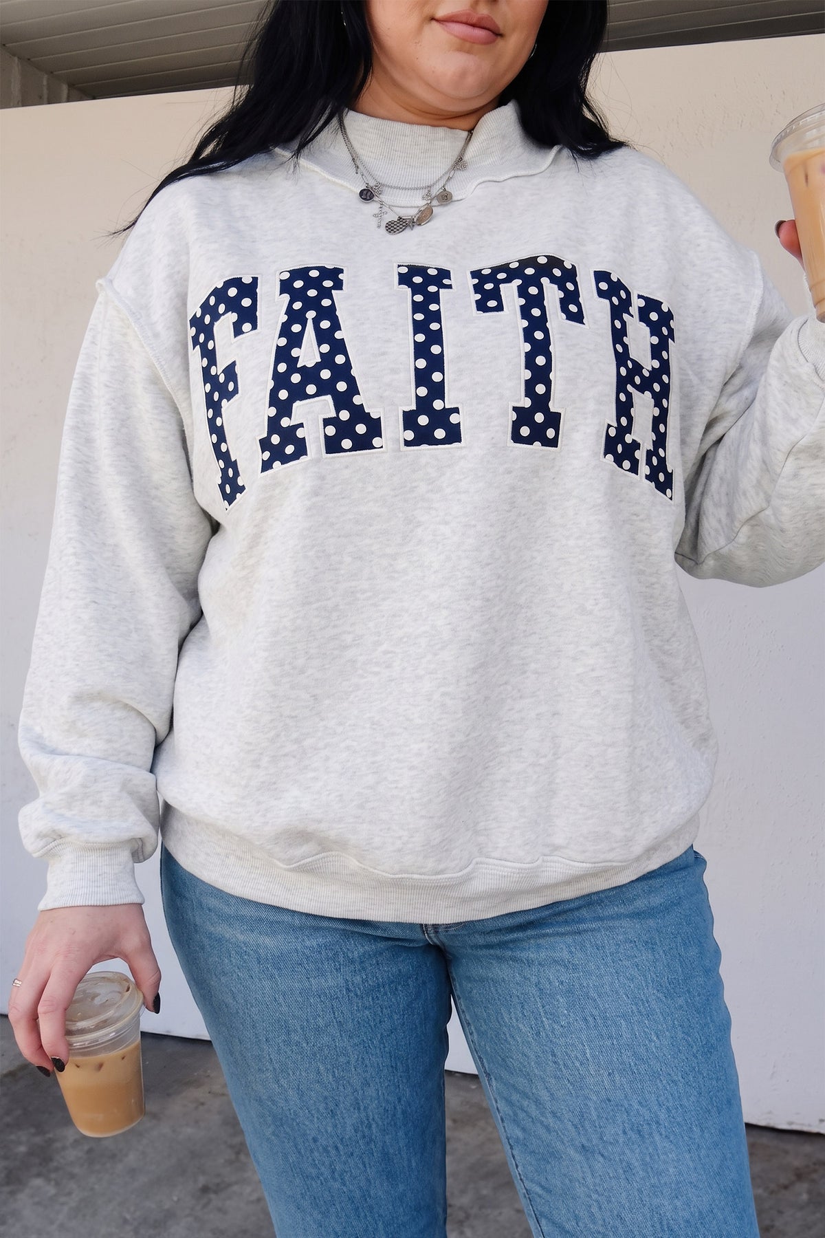 Gray plus size sweatshirt with polka dot and letter print, loose fit long sleeve hoodie for women by Dear-Lover.