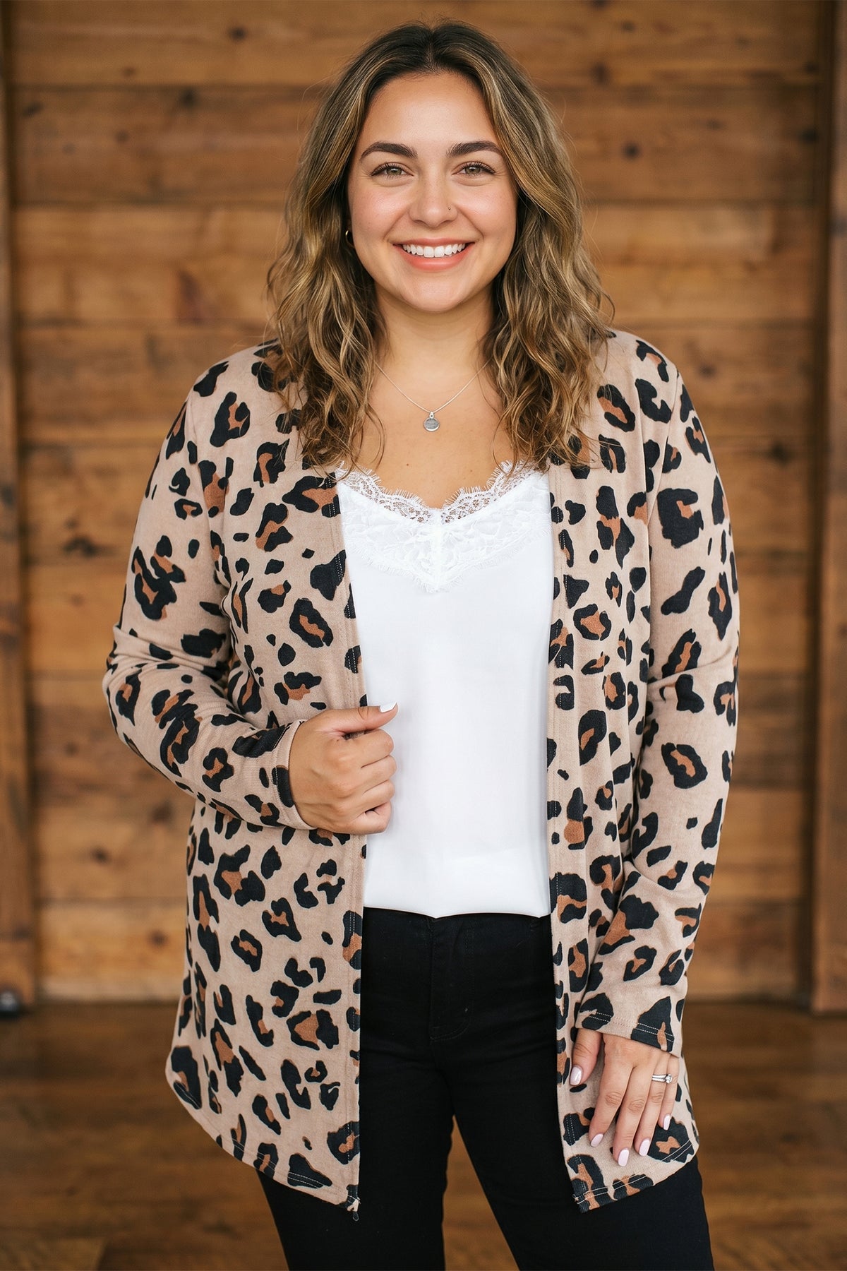 Plus size khaki leopard print long sleeve V-neck tunic cardigan by Dear-Lover, stylish plus size outerwear with animal print detail.