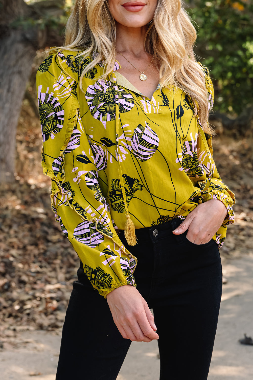 Yellow Vintage Floral Ruffle Blouse