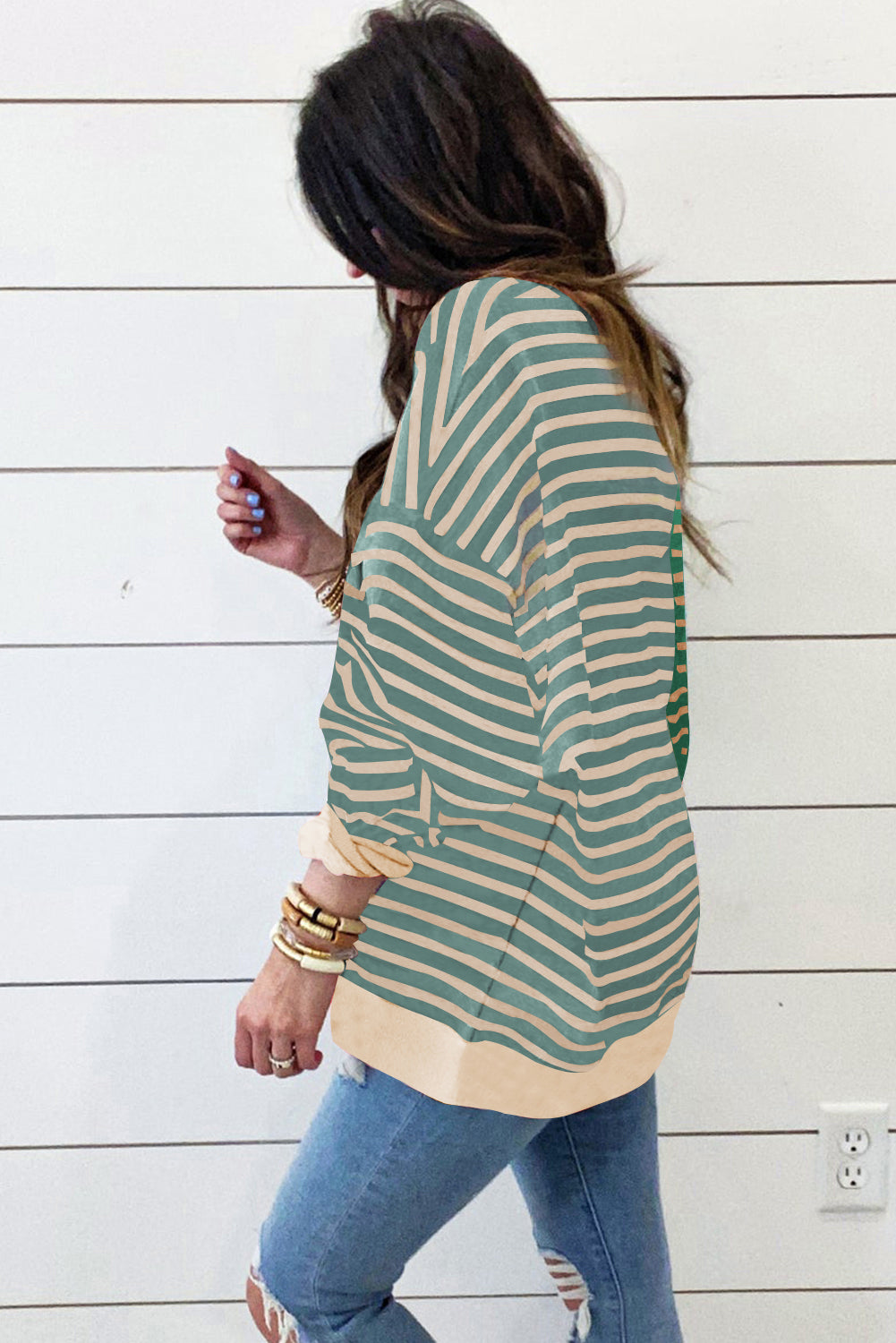 Brown Stripe Colorblock Drop-Shoulder Sweatshirt