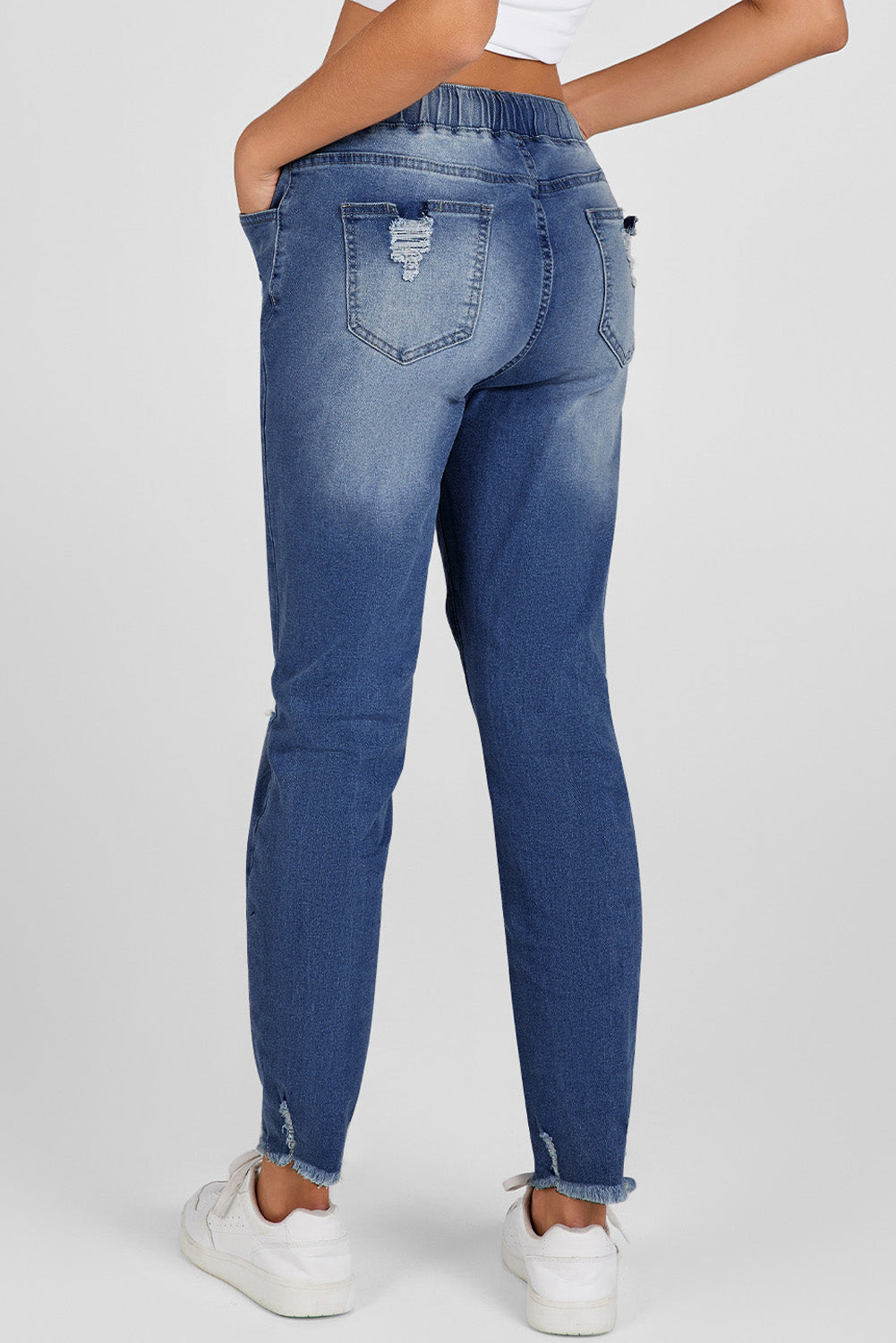 Dark blue Dear-Lover straight leg jeans with elastic waist, destroyed details, and raw hem, showcasing casual denim style.