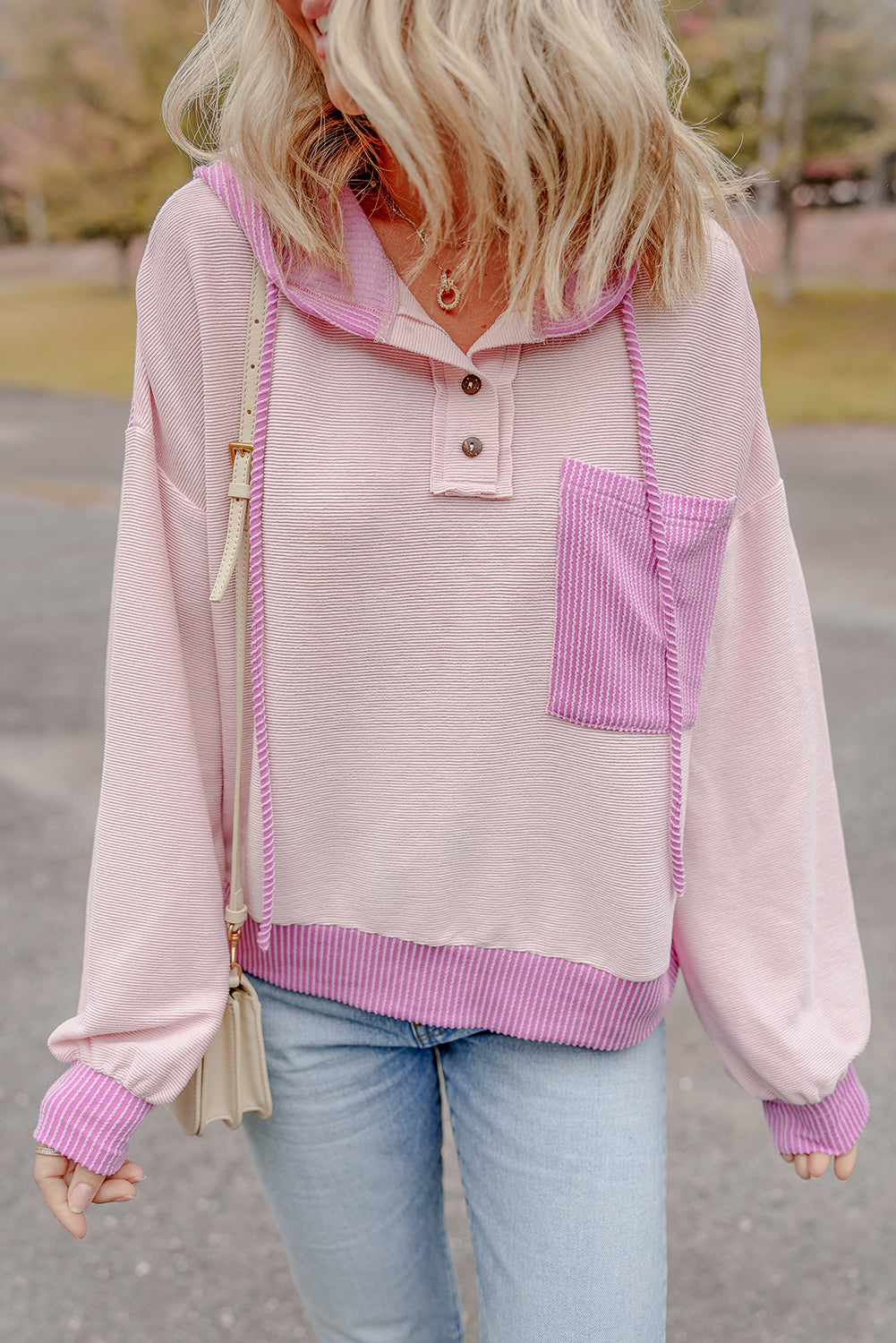 Light Pink Colorblock Hooded Top