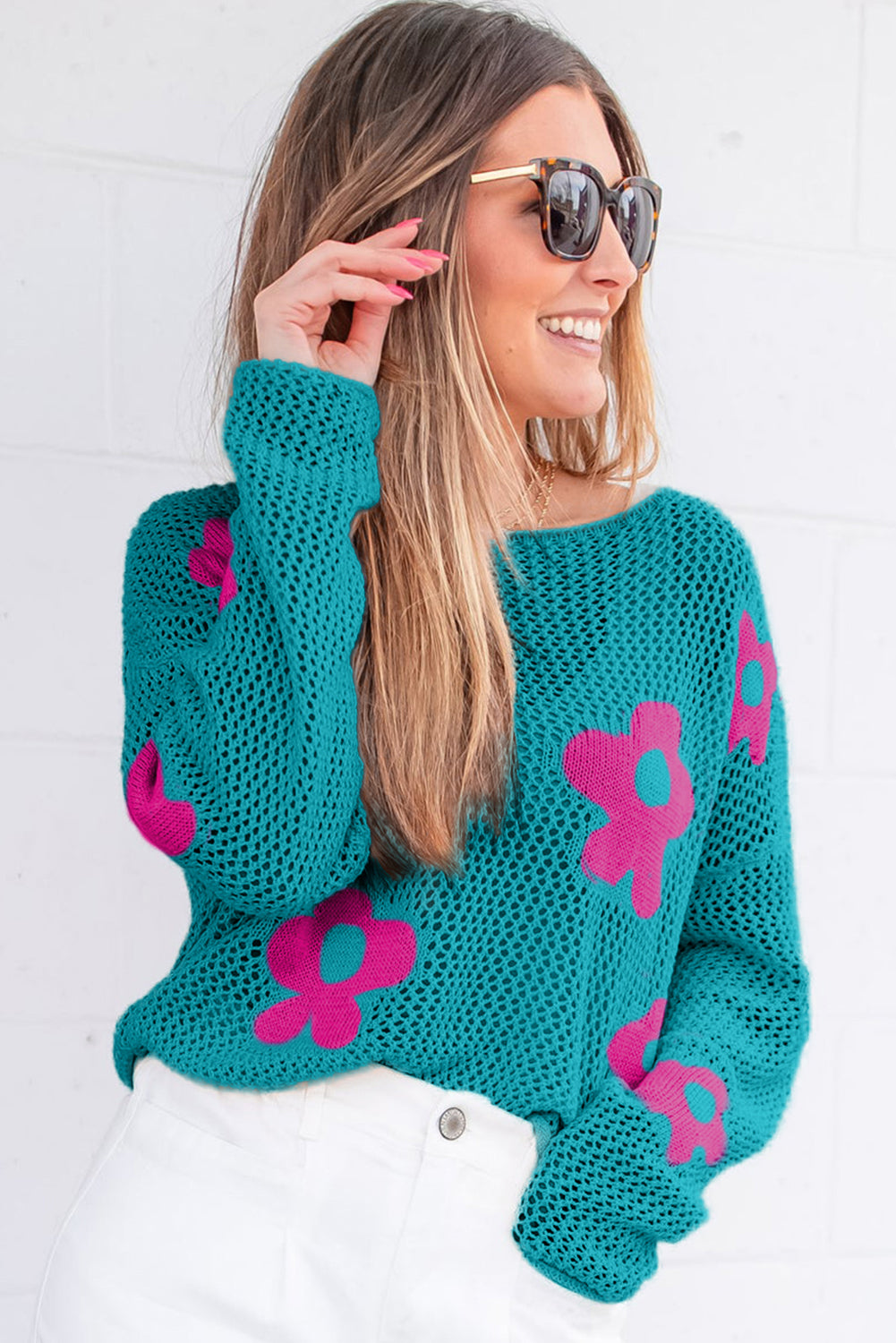 Sea Green Big Flower Drop-Shoulder Sweater
