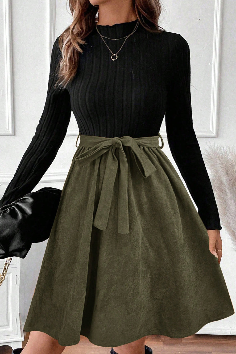 Black Ribbed Knit Belted Dress
