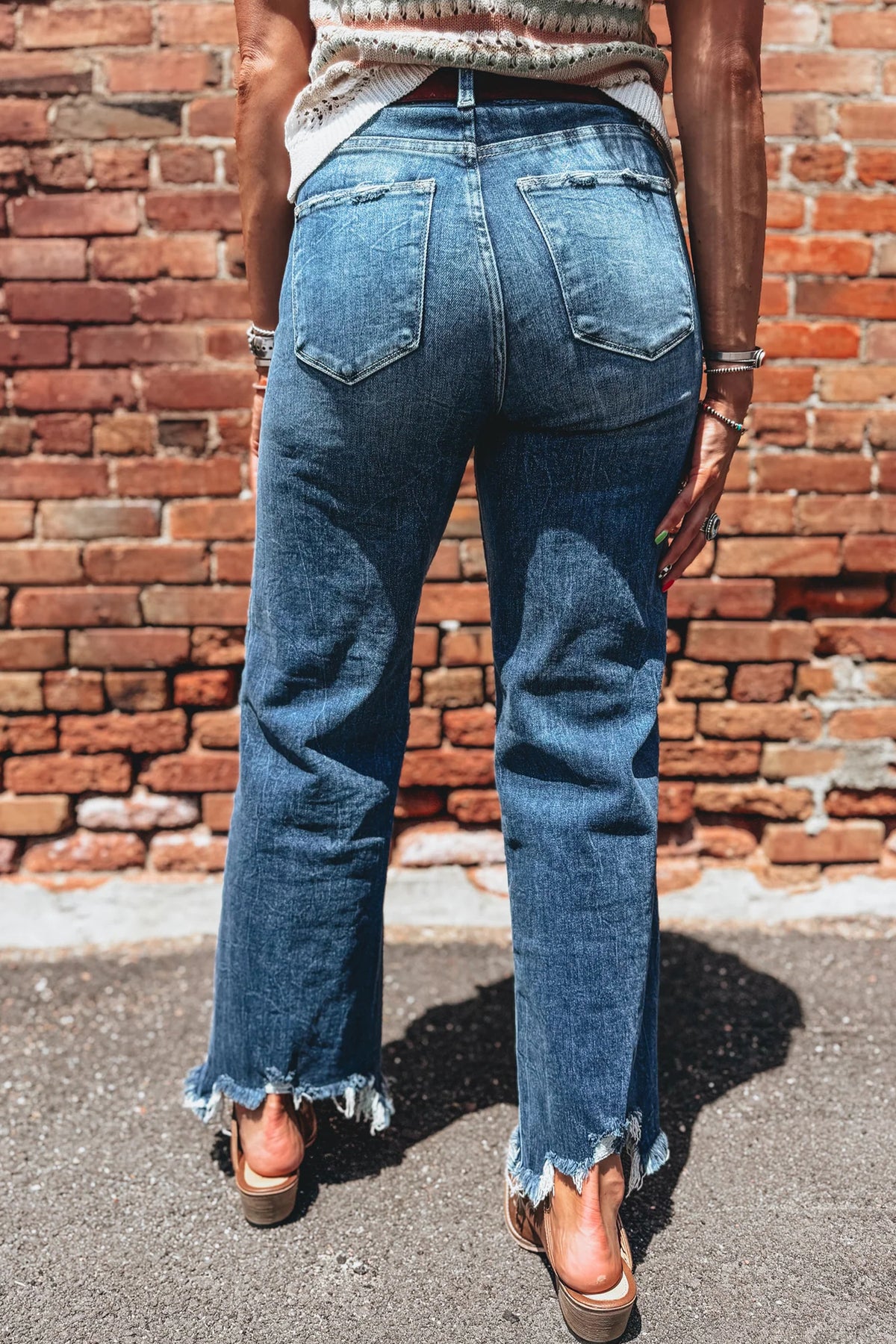 Ashleigh Blue High Waist Flare Jeans with frayed hem by Dear-Lover, showcasing their stylish fit and trendy design.