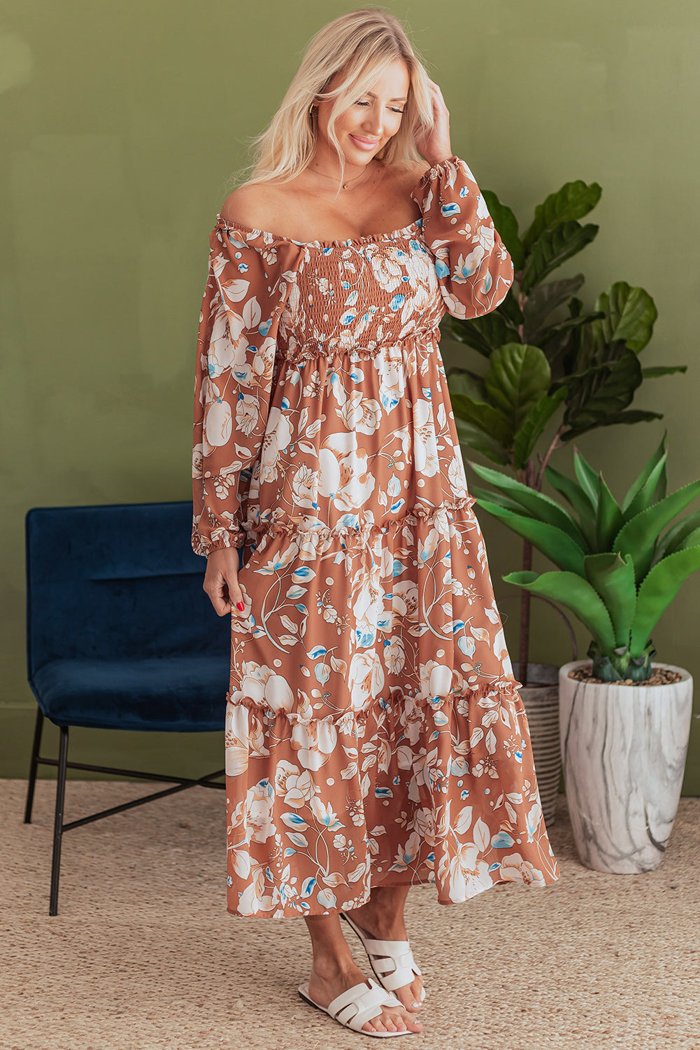 Brown Floral Shirred Maxi Dress