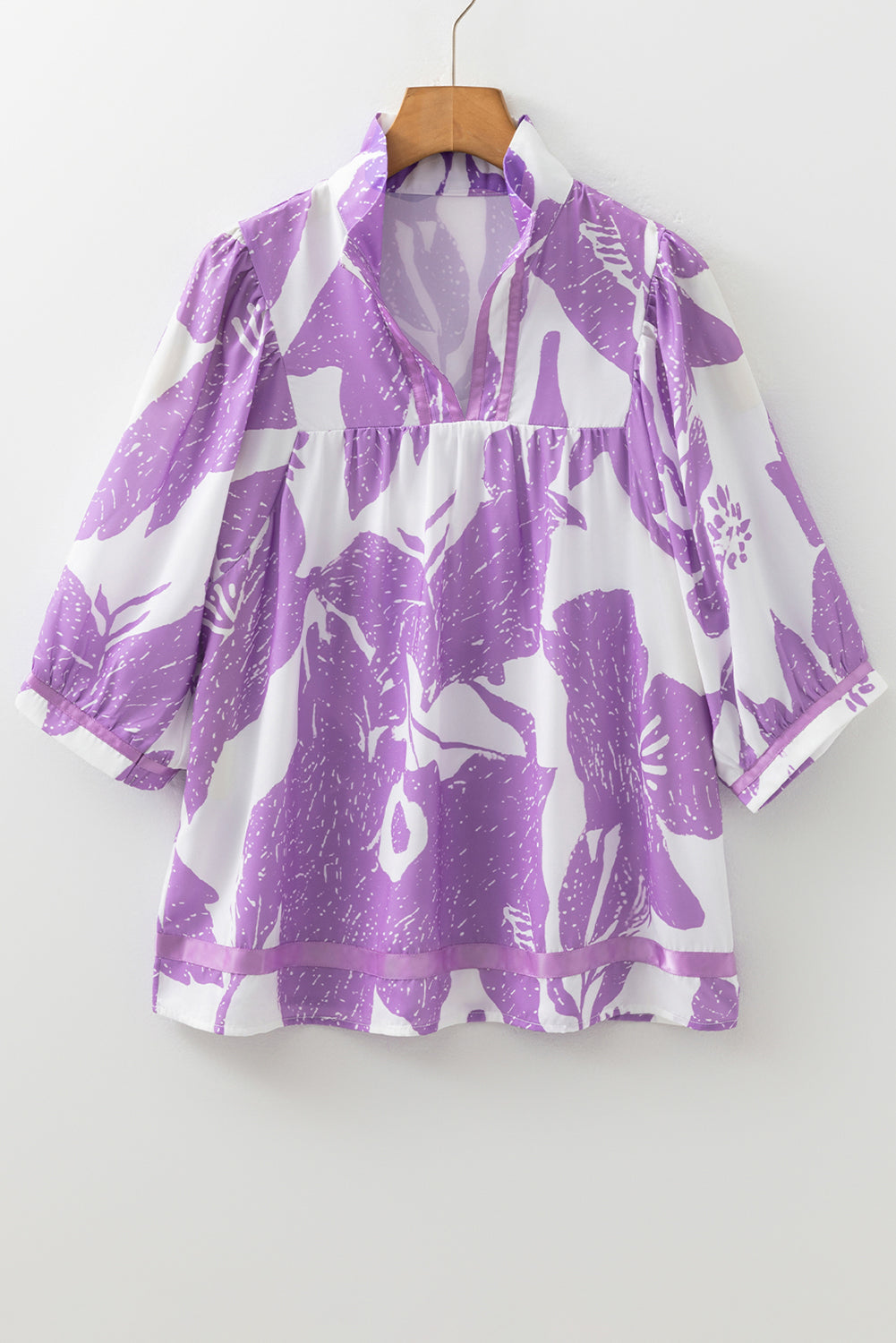 Purple Leafy Split-Neck Blouse
