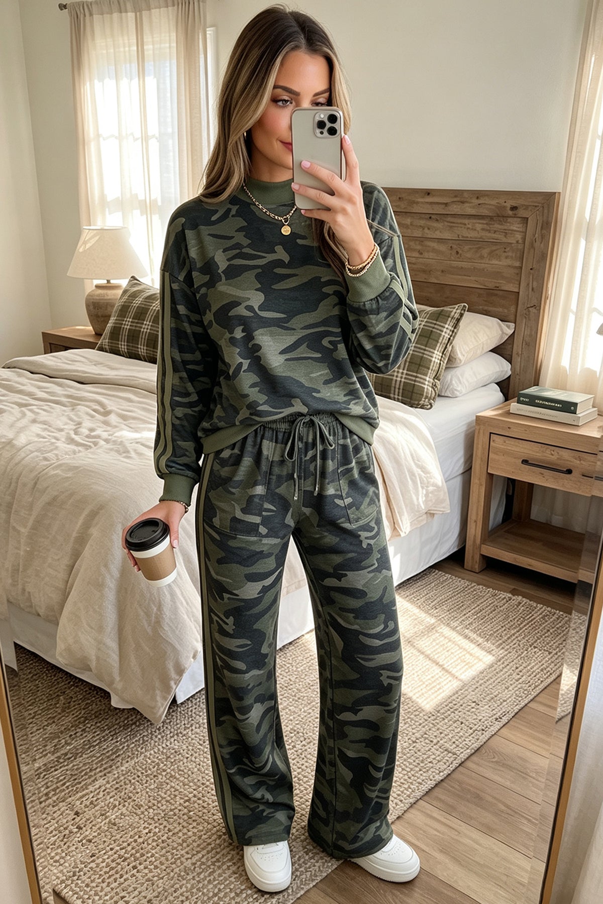 Multicolour camouflage patchwork long sleeve top and casual pants set by Dear-Lover, featuring striped details and a stylish two-piece design.