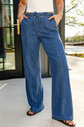 Ashleigh Blue Drawstring Waist Wide Leg Jeans from Dear-Lover, showing relaxed fit, high waist, and stylish denim fabric.