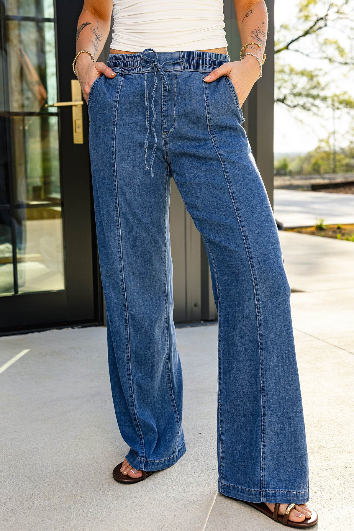 Ashleigh Blue Drawstring Waist Wide Leg Jeans from Dear-Lover, showing relaxed fit, high waist, and stylish denim fabric.
