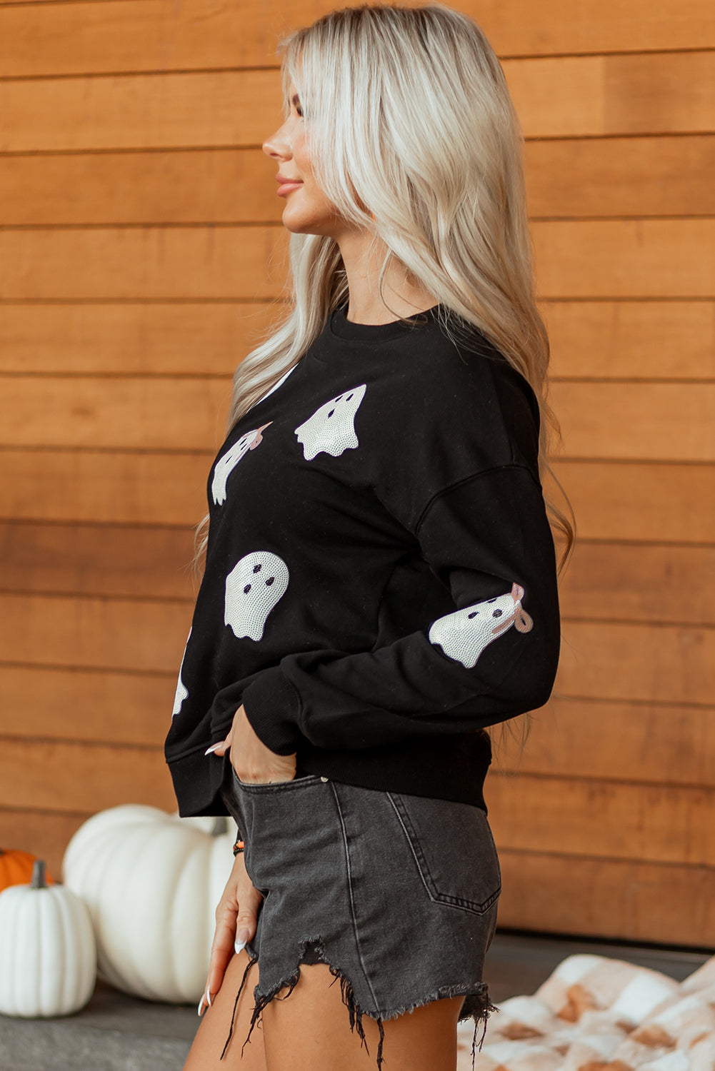 Black Sequin Cute Bow Ghost Graphic Crew Neck Halloween Sweatshirt