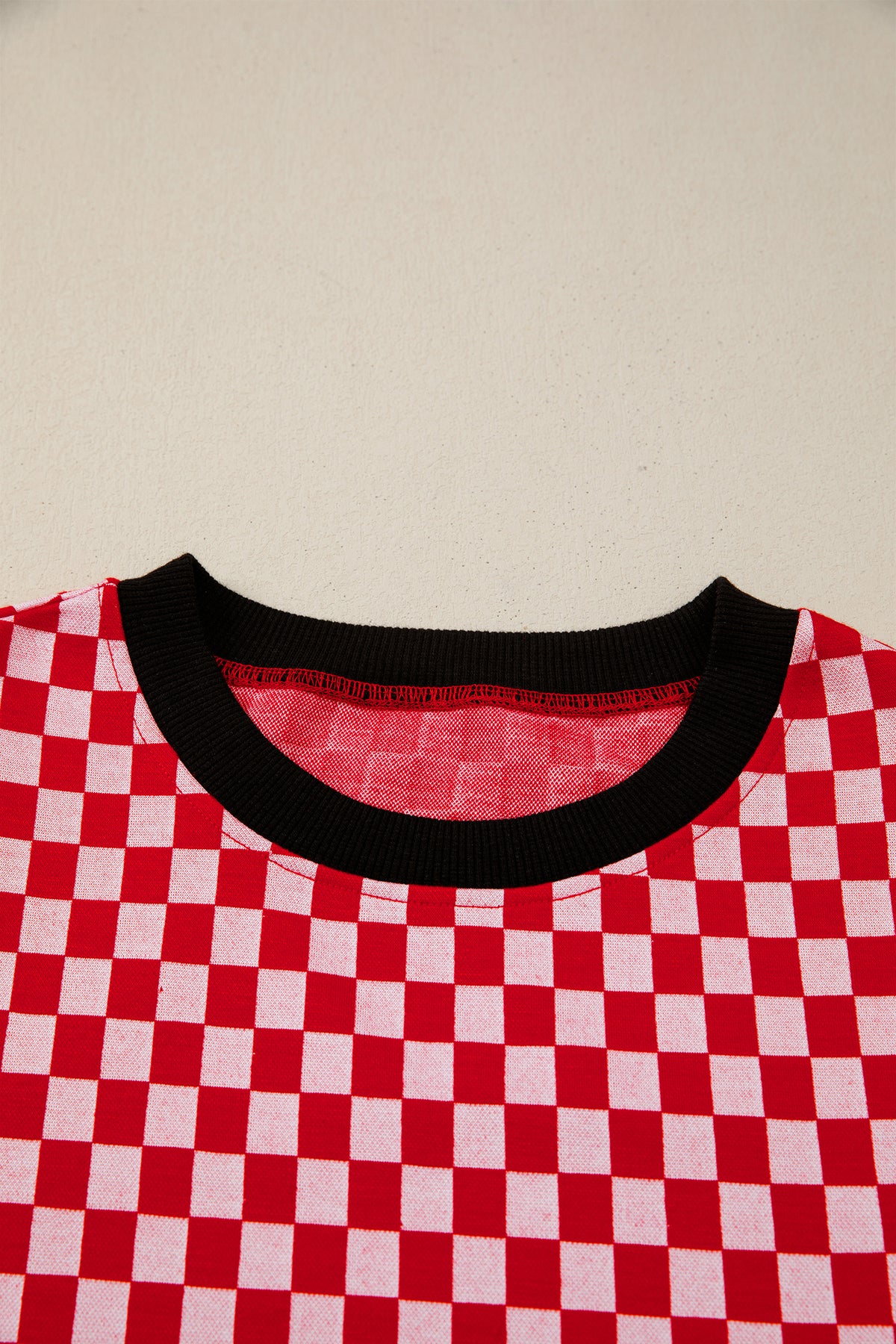 Red Checkered Print Ruffle Short Sleeve Contrast Trim Round Neck Top