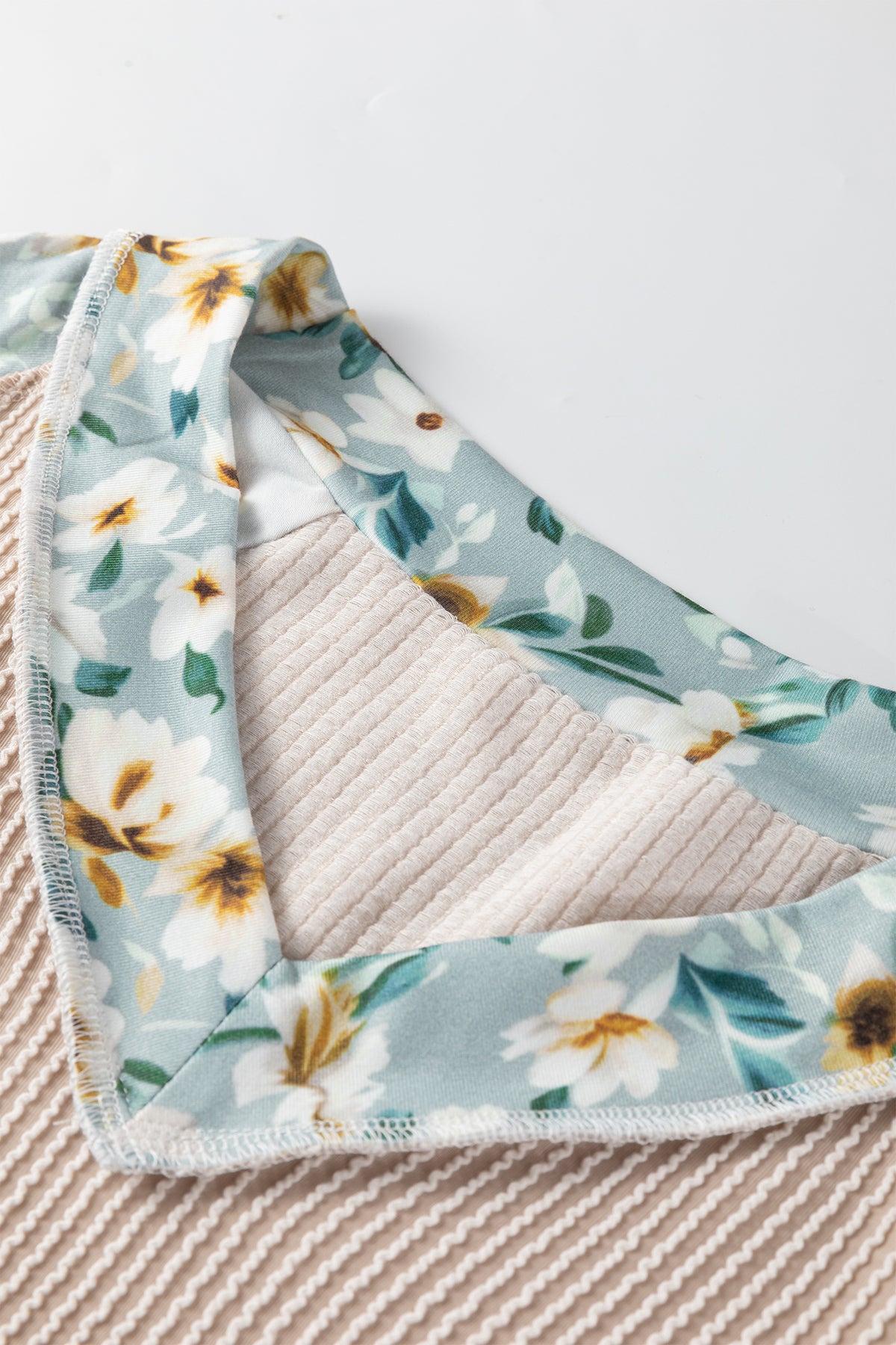 Parchment Twist Ribbed Floral Contrast Patchwork Long Sleeve Top