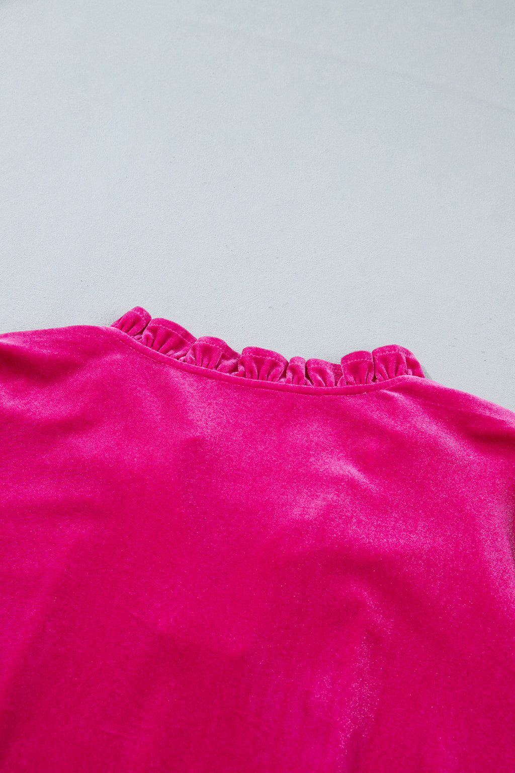 Strawberry Pink V-Neck Velvet Ruffled Cuffs Hem Long-Sleeve Top