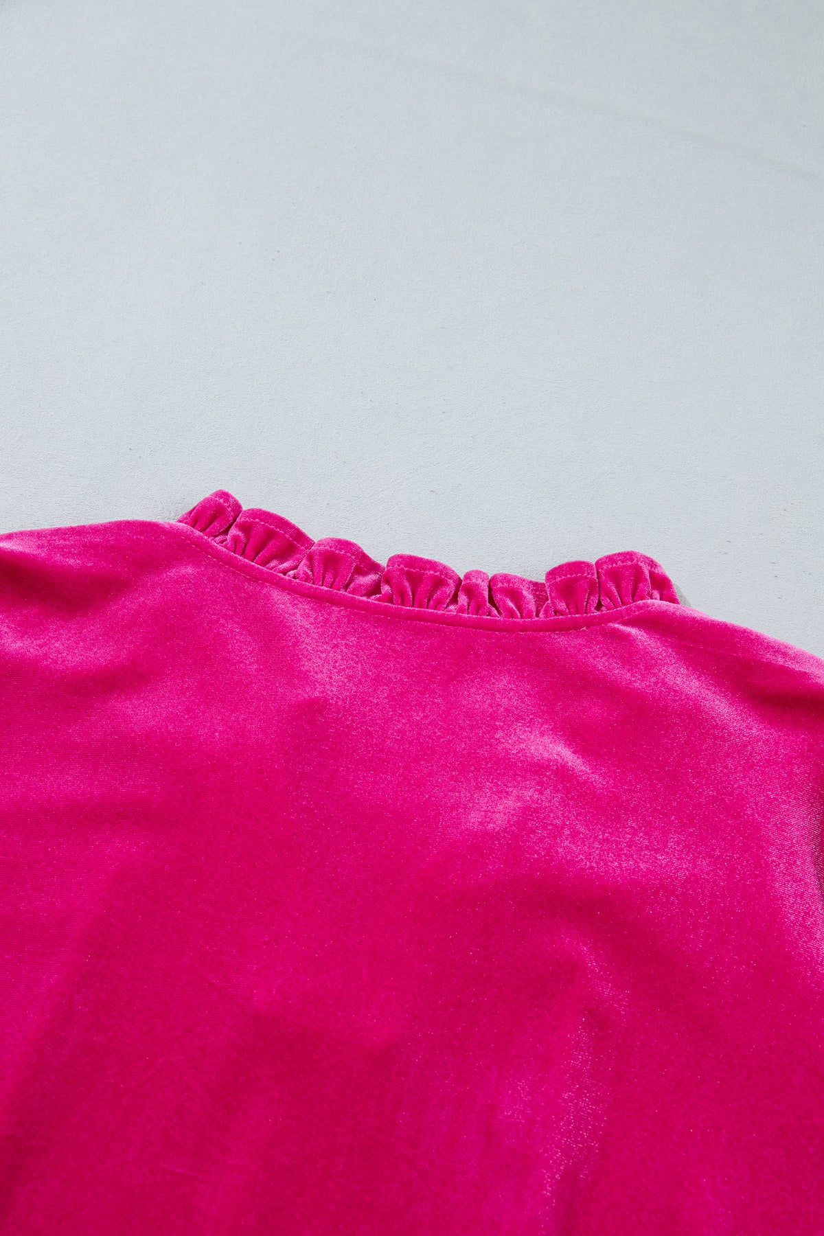 Strawberry Pink V-Neck Velvet Ruffled Cuffs Hem Long-Sleeve Top