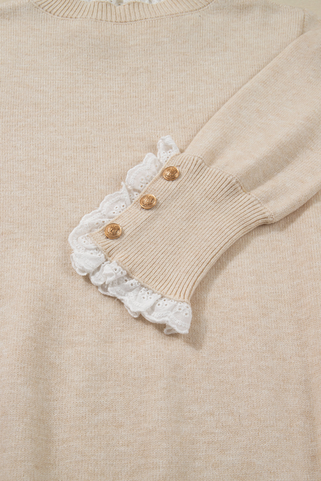 Laced Trim Loose Sweater with Buttoned Cuffs
