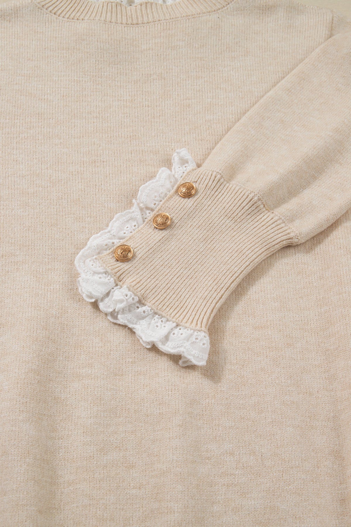Laced Trim Loose Sweater with Buttoned Cuffs