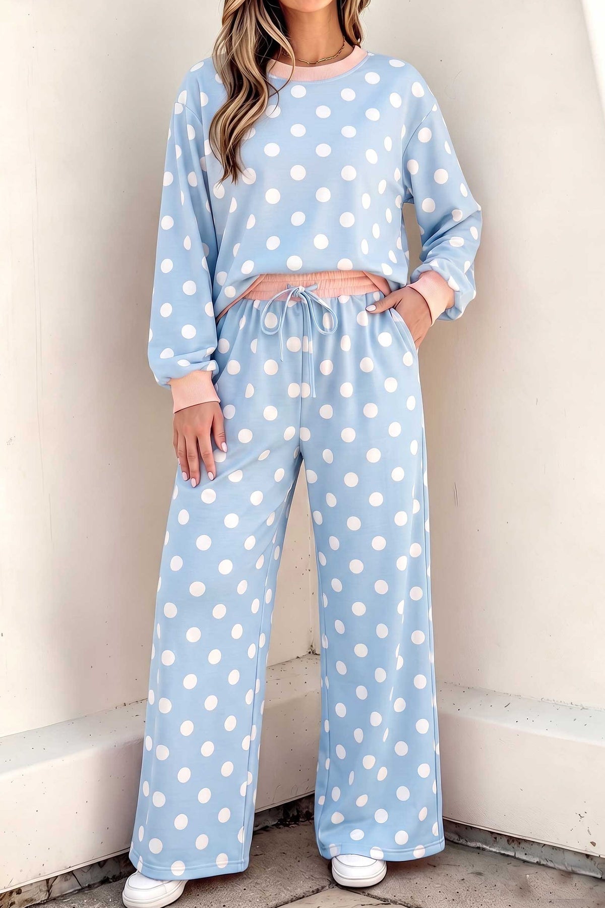 Polka Dot Contrast Trim Pant Set