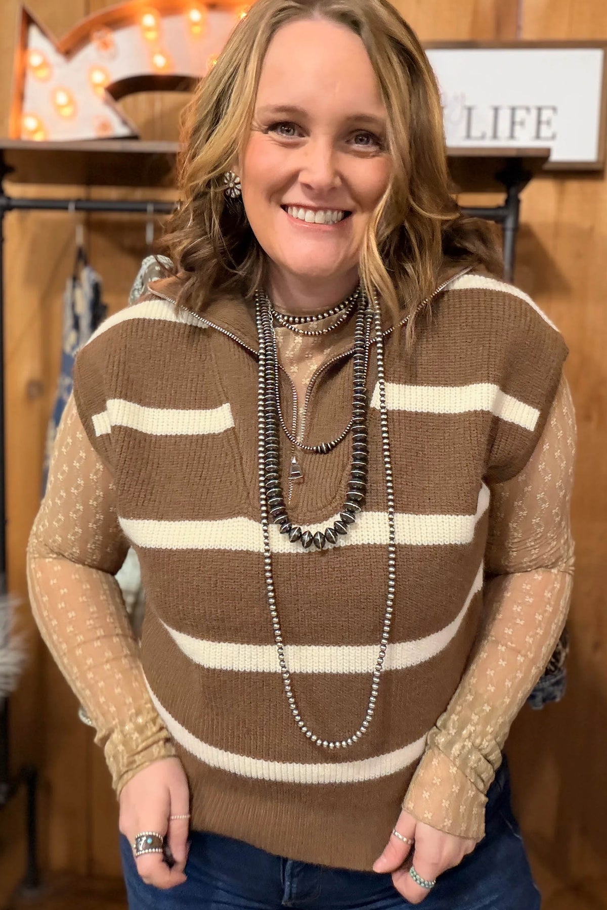 Plus size brown stripe colorblock drop shoulder V-neck tunic sweater, casual and comfortable Dear-Lover sweater for women