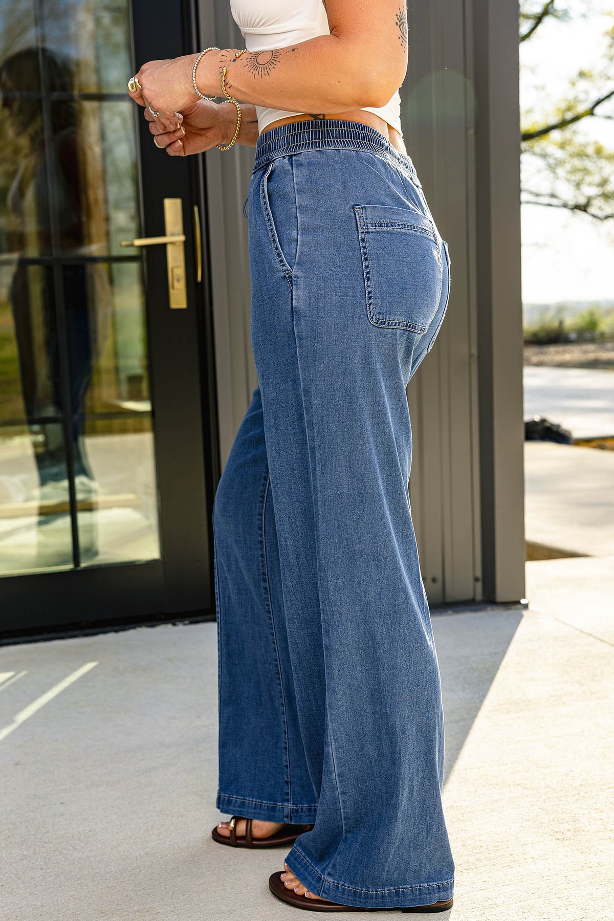 Ashleigh Blue Drawstring Waist Wide Leg Jeans by Dear-Lover featuring a relaxed fit and stylish design.