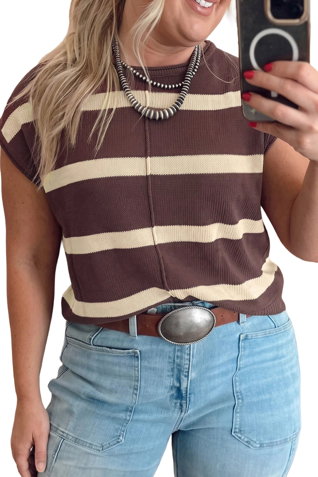 Brown stripe colorblock knit sleeveless plus size sweater by Dear-Lover, casual style with a cozy knit fabric and bold stripe design.
