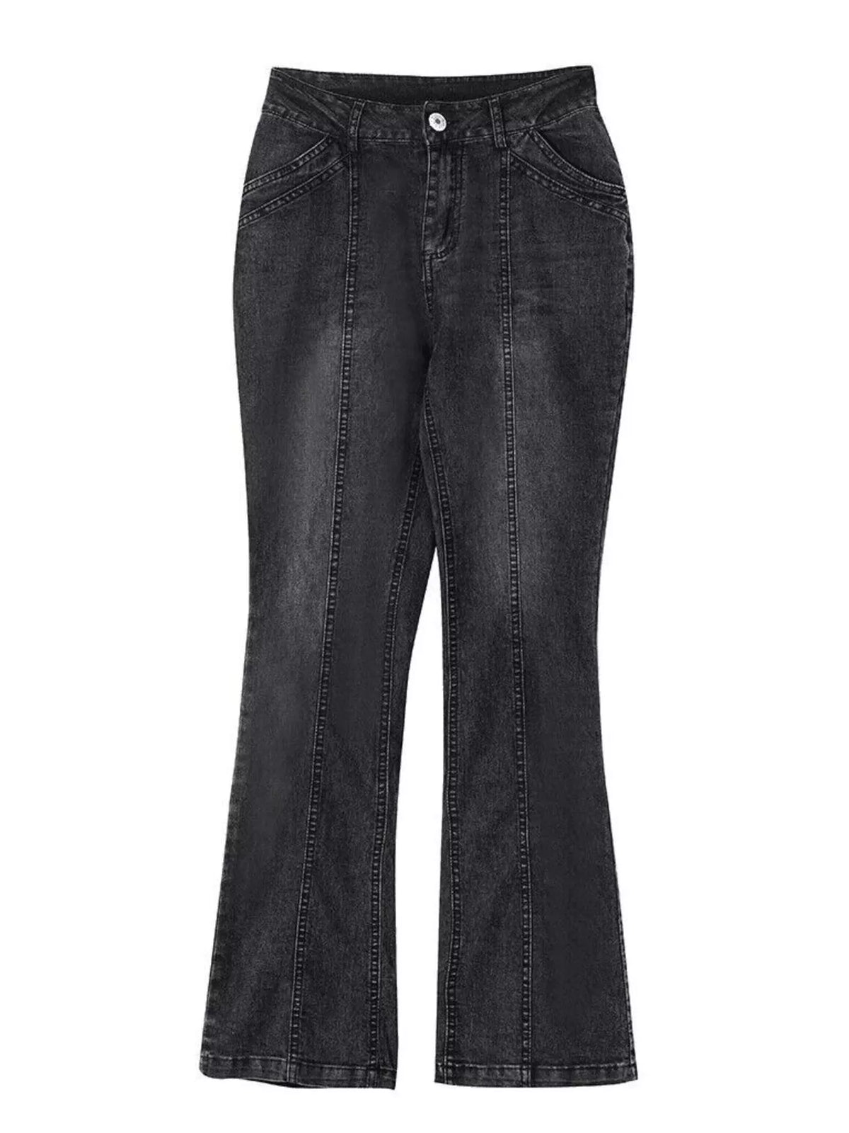 Mid-rise bootcut jeans by Trendsi with classic denim wash and fit, displayed on a hanger against a plain background.
