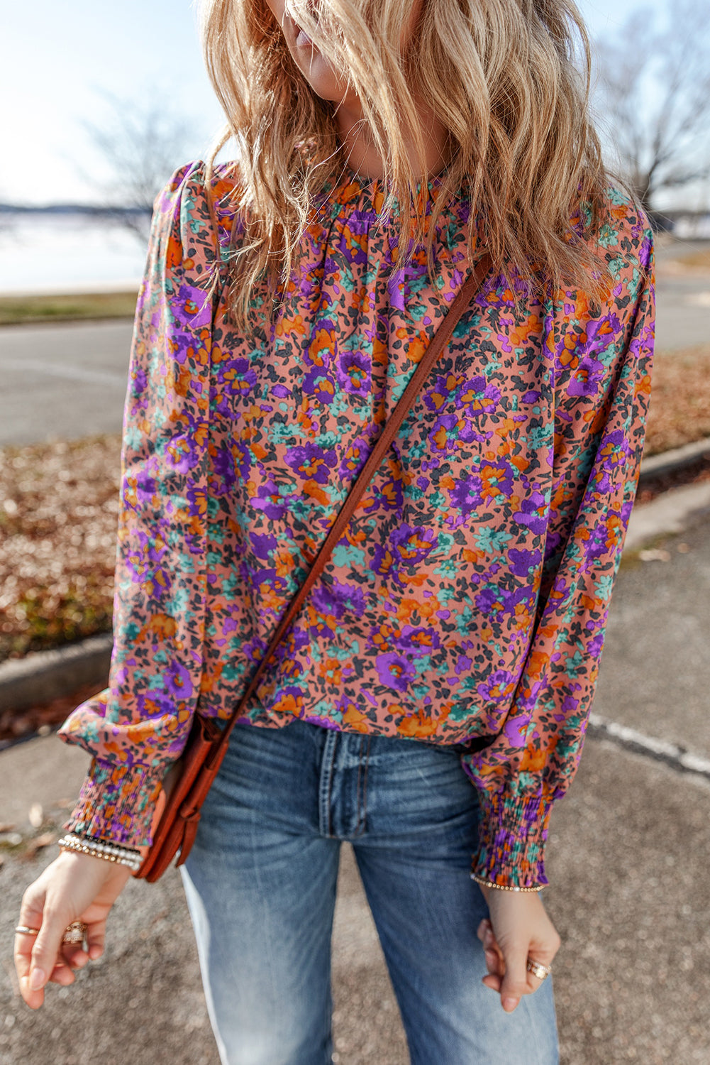 Purple Floral Shirred-Cuff Blouse