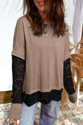 Light French Beige Sheer Lace Patchwork Casual Long Sleeve Tee