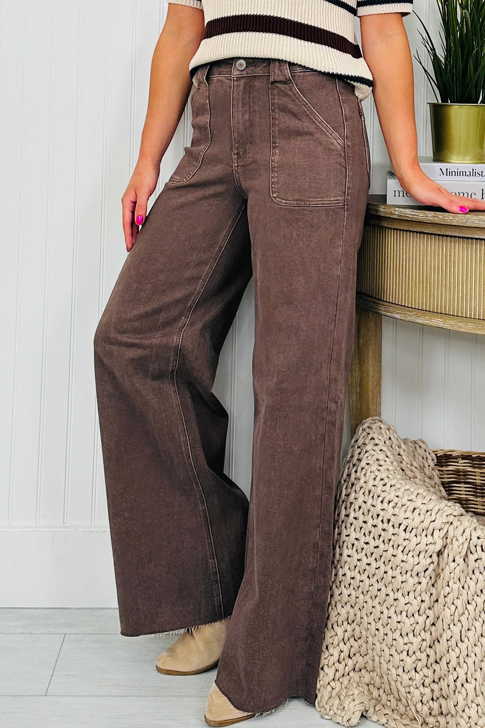 Dark brown retro washed patch pocket loose jeans from Dear-Lover showing front view with distressed detail and relaxed fit.