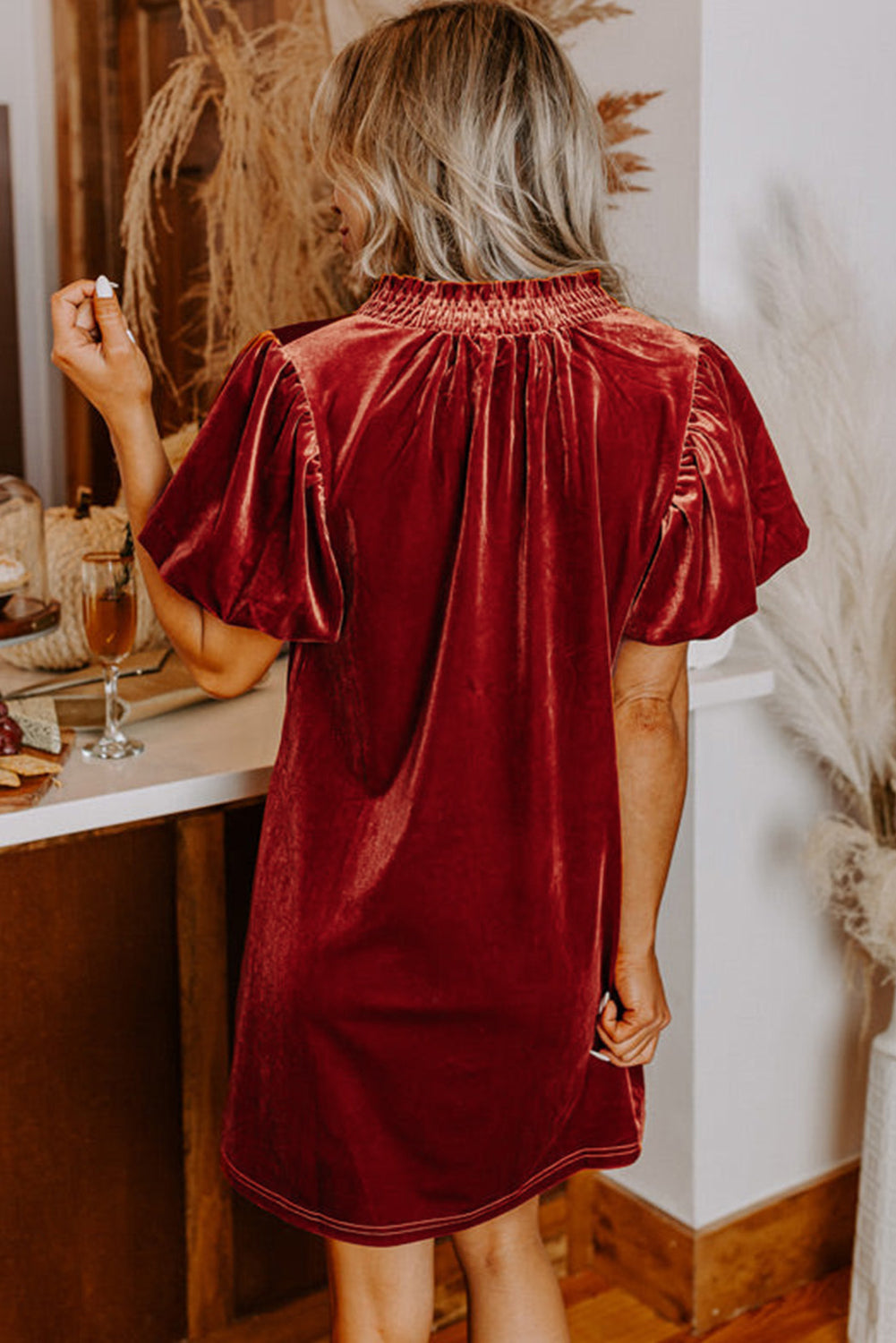 Cinnamon velvet smocked neckline puff sleeve shift mini dress by Dear-Lover featuring a stylish, fitted silhouette and cozy fabric.