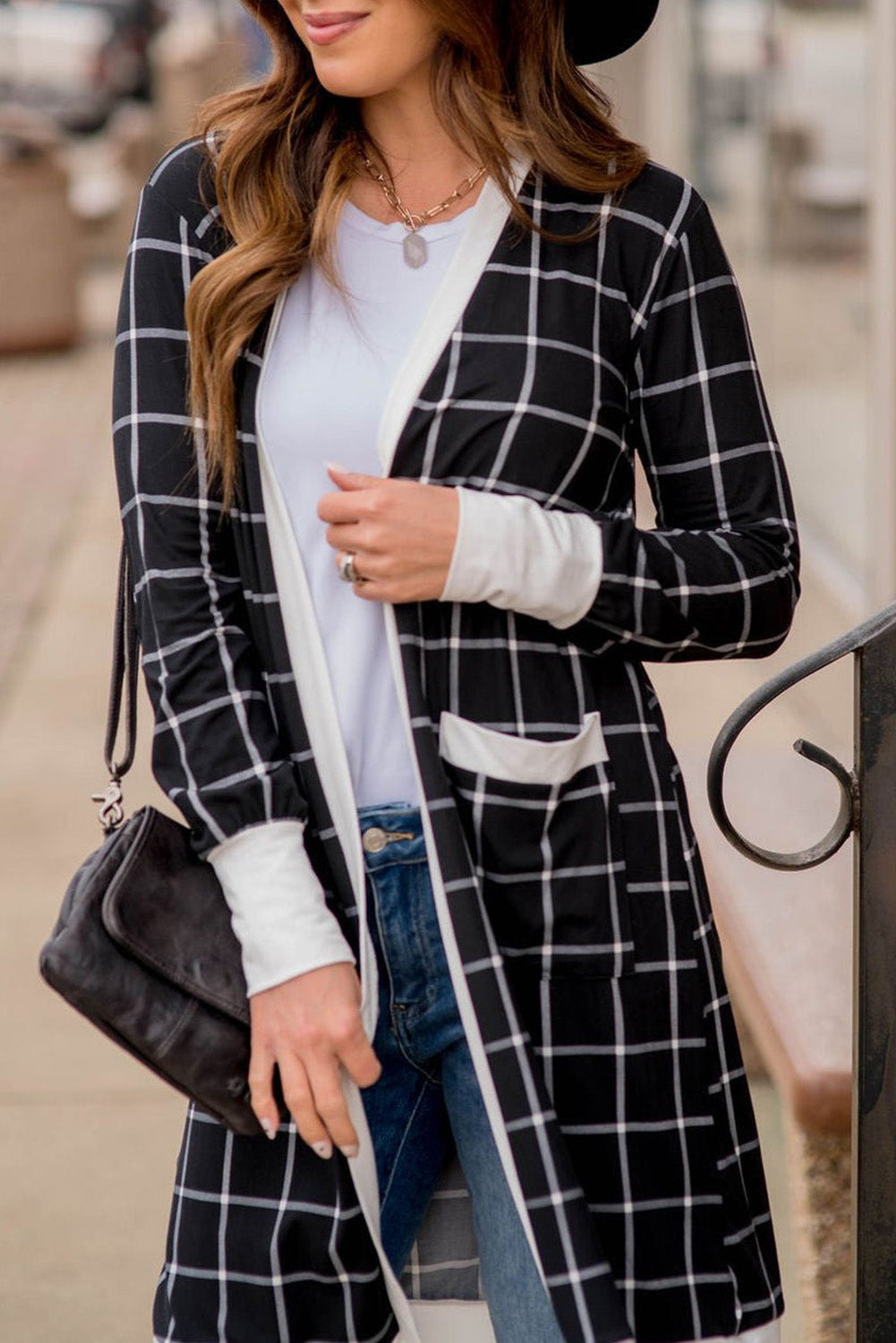 Black plaid colorblock edge open cardigan with pockets by Dear-Lover, featuring a stylish design and comfortable fit.