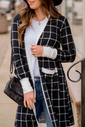 Black plaid colorblock edge open cardigan with pockets by Dear-Lover, featuring a stylish design and comfortable fit.